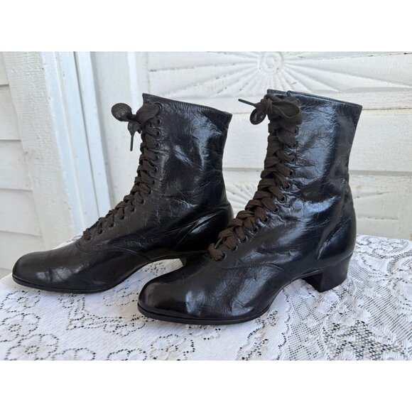 Antique 1910&#39;s Edwardian Womens Black Leather High Lace Up Boots Sz 5 - Picture 3 of 16